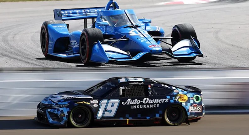 Image featuring an IndyCar and a NASCAR, representing the distinction between the two racing disciplines.