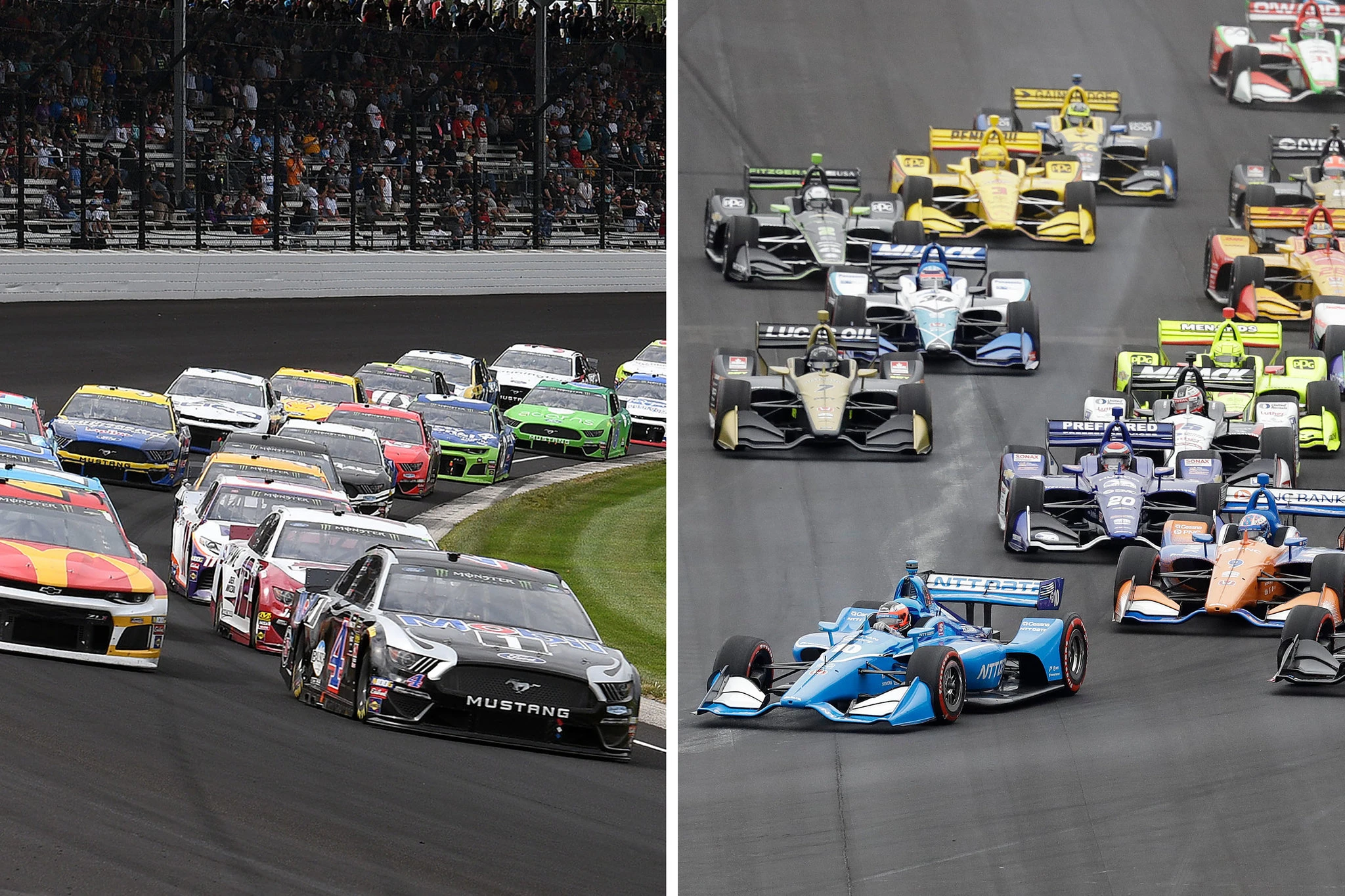 NASCAR stock car and IndyCar open wheel racing car competing on the track, representing the contrasting styles of closed wheel and open wheel racing.