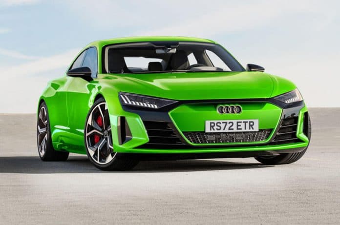 Image of a neon green Audi e-tron GT, an electrifying grand tourer representing the fusion of performance and sustainability.
