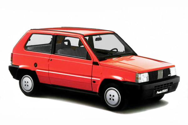 An image of the original Fiat Panda, a compact and boxy car with rectangular headlights and a minimalist design.
